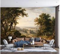 Papel Tapiz Fotográfico 3D Pastorcillo Campo 350x250cm Papel Pintado Panorámico Pintura Al Óleo Pastoral Retro Fondo De Pantalla XXL Decoración De Pared para Sala Cuarto Oficina, Verde Oscuro