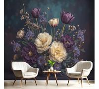 Papel Tapiz Fotográfico 3D Peonía Tulipán Rosa Con Estampado Melancolía Flores, 350Anx256Al cm Morado oscuro Papel Pintado Panorámico, Murales Decoración Pared para Cuarto de Niño Salón Oficina