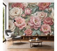 Papel Tapiz Fotográfico 3D Peonías Rosas Enredaderas 300 × 210 Cm Papel Pintado Panorámico, Flores Silvestres Realistas Lujo Murales Decoración Pared Moderna Para Cuarto De Niño, Salón,Rosa Claro