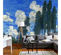 Papel Tapiz Fotográfico 3D Pinturas Al Óleo Paisajes Rurales 450x315cm Mural de Papel Pintado Panorámico Bosque Álamos, Cuadros Fotos Pared Decoración Pared para Habitacion, Salón, Oficina, Índigo