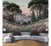 Papel Tapiz Fotográfico 3D Pradera Flores Silvestres Bosque - 300x210cm Papel Pintado Pared Estilo Pastoral Retro Panorámico de Seda Póster Gigante de Pared para Salón Dormitorio Comedor, Verde Oscuro