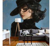 Papel Tapiz Fotográfico 3D Retro Americano 300x210cm Mural de Papel Pintado Panorámico Mujer Elegante Decoración Pared para Habitacion, Salón, Oficina, Azul Oscuro