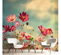 Papel Tapiz Fotográfico 3D Rojo Cosmos En El Cielo Azul 200X140Cm Pintado Panorámico,Plantas Retro Murales Decoración Pared Moderna Para Cuarto De Niño Dormitorio Salón Oficina