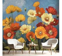 Papel Tapiz Fotográfico 3D Rojo Y Amarillo Flores De Amapola Y Hojas Verdes 350X260Cm Pintado Panorámico,Plantas De Pintura Al Óleo Murales Decoración Pared Moderna Para Cuarto De Niño Dormitorio