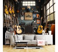 Papel Tapiz Fotográfico 3D Sala De Música Con Guitarras Y Amplificadores Papel Tapiz Tela De Seda,Sala De Estar Dormitorio Fotografía Póster Decoración De Pared-350X245Cm Mural De Panorámico