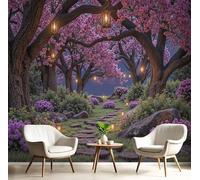 Papel Tapiz Fotográfico 3D Sendero Entre Cerezos Flor Mural Rosa Intenso Vista Nocturna Romántica Fotomurales Para Habitación Infantil Salon Dormitorio Oficina Murales Decorativos Pared 450X315Cm