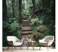 Papel Tapiz Fotográfico 3D Sendero Forestal Tranquilo 300 × 210 cm Papel Pintado Panorámico, Murales Decoración Pared Paisaje Selva Tropical Densa Para Cuarto De Niño, Salón, Oficina - Verde Oscuro