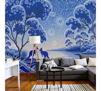 Papel Tapiz Fotográfico 3D Silueta De Una Familia De Canguros 300x210cm Papel Pintado Panorámico Lago Del Bosque Fotomurales de Seda Decoración de Pared para Cuarto de Niño, Salón, Oficina, Azul