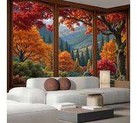 Papel Tapiz Fotográfico 3D Vista Desde La Ventana Bosque Otoñal Mural Naranja Montañas Naturales Fotomurales Para Habitación Infantil Salon Dormitorio Oficina Murales Decorativos Pared 450X315Cm