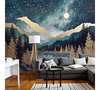 Papel Tapiz Fotográfico 3D Vista Nocturna Montañas Bosques 350x250cm Papel Pintado Panorámico Paisaje Montaña Agua Fondo De Pantalla XXL Decoración De Pared para Sala Cuarto Oficina Salón, Azul Oscuro