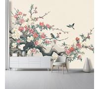 Papel tapiz fotográfico 400 x 280 cm paredes decoración de salón Diseño Oriental Plantas Ramas Flores para dormitorio sala de estar papel tapiz no tejido, Rosa Beige