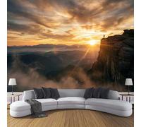 Papel Tapiz Fotográfico Acantilados Rocosos Escarpados 450x315cm Papel Pintado Panorámico Amanecer Sobre Montañas Brumosas Fondo De Pantalla Decoración De Pared para Sala Cuarto Oficina, Oro Naranja