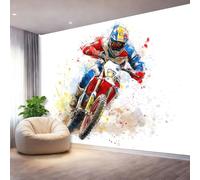 Papel Tapiz Fotográfico Acuarela Jinete Motocicleta Papel Pintado Murales Póster Blanco Azul Fotográfico Para Dormitorio Salón Tv Pared 250 x 175 cm