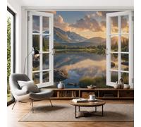 Papel Tapiz Fotográfico Amanecer Sobre Lagos Montañas Cubiertas 400x280cm Fondo De Pantalla XXL Vista Panorámica Desde Ventana Papel Pintado de Seda Fotomurales de Pared para Cuarto Oficina Salón