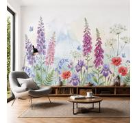 Papel Tapiz Fotográfico Amapola De Delfinio De Iris 200x140cm, Papel Pintado Panorámico Borde Floral Retro Póster XXL Seda Decoración de Pared para, Salón, Oficina, Sala de Estar, Verde Claro