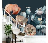 Papel tapiz fotográfico Amapolas 350 x 256 cm Revestimiento de paredes decoración de salón Diseño Estilo Botánico para dormitorio, sala de estar, papel tapiz no tejido, Azul Oscuro