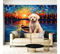Papel Tapiz Fotográfico Animales Cielo Nocturno Cachorro Barco Papel Pintado Murales Póster Azul Blanco Fotográfico Para Dormitorio Salón Tv Pared 250 x 175 cm
