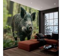 Papel Tapiz Fotográfico Animales Salvajes Jabalí Verde Claro 300x210 cm 3D Papel Pintado Panorámico, Fuera de la Ventana Murales Decoración Pared para Cuarto de Niño Salón Oficina