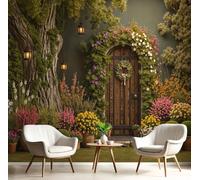 Papel Tapiz Fotográfico Árbol Antiguo Plantas En Maceta Patio Retro 250x175cm Papel Pintado no Tejido, Fotomural Panorámico, Mural de Pared, Decoración de Pared para Sala, Cuarto,Verde Oscuro