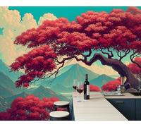 Papel Tapiz Fotográfico Arces Rojos Monte Fuji 300x210cm Papel Pintado Panorámico, Estilo Retro De Grabado Japonés En Madera Murales Decoración Pared Para Cuarto De Salón Dormitorio Oficina