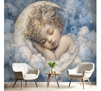 Papel Tapiz Fotográfico Bebé Luna Papel Pintado Murales Póster Azul Blanco Ilustraciones De Dibujos Animados Fotográfico Para Dormitorio Salón Tv Pared, 300X210Cm