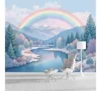Papel Tapiz Fotográfico Bosque Del Río Arcoíris 200x140cm, Papel Pintado Seda Paisaje De Acuarela De Ensueño, Azul Claro Mural Para Dormitorio Infantil Decoración