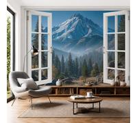 Papel Tapiz Fotográfico Bosques Coníferas Montañas Nevadas 200x140cm, Papel Pintado Panorámico Vista Desde Ventana Paisaje Bosque Montaña Póster XXL Seda Decoración de Pared para, Salón, Oficina,