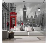 Papel Tapiz Fotográfico Cabinas Telefónicas Rojas Diseño Torre Big Ben,3D Papel Pintado 350 × 256 Cm Decoración De Pared,Sala Cuarto Póster Mural Para Sala De Estar Dormitorio Decoración, Gris Claro