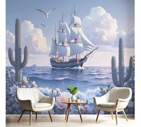 Papel Tapiz Fotográfico Cactus Velero Papel Pintado Murales Póster Azul Blanco Ilustraciones Fantásticas Fotográfico Para Dormitorio Salón Tv Pared, 300X210Cm