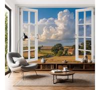 Papel Tapiz Fotográfico Campos Trigo Rurales 450x315cm Fondo De Pantalla XXL Vista Desde Ventana Campiña Inglesa Papel Pintado de Seda Fotomurales de Pared para Sala Cuarto Oficina Salón, Azul