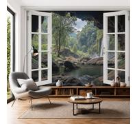 Papel Tapiz Fotográfico Cascada Bosque Cuevas 350x250cm, Papel Pintado Panorámico Reino Secreto Montaña Agua Póster XXL Seda Decoración de Pared para, Salón, Oficina, Sala de Estar, Verde Oscuro