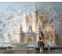 Papel Tapiz Fotográfico Castillo Cuento Hadas 250x175cm Papel Pintado Panorámico Alivio Del Reino Los Sueños Fondo De Pantalla Decoración de Pared Moderna para Salón, Cuarto, Oficina, Blanquecino