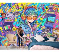 Papel Tapiz Fotográfico Chica Americana De Pelo Corto 400x280cm Papel Pintado De Mural Graffiti Callejero Retro Fotográfico de Seda Decoración de Pared para Sala Cuarto Oficina Salón, Azul