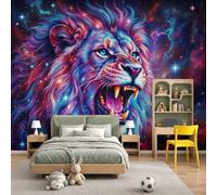 Papel tapiz fotográfico Cielo Estrellado Bestia Feroz Murales de dormitorio para niños Fondo de León Rugido Pared Pintado Papel tapiz dormitorio de estar sala sofá mural- 300 x 210cm