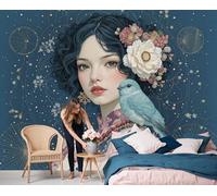 Papel Tapiz Fotográfico Cielo Estrellado Retro Europeo, 400x280cm Papel Pintado Panorámico Chica De Pelo Rizado Mural de Pared Decoración De Pared para Sala Cuarto Oficina Salón, Azul Oscuro