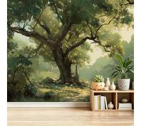 Papel Tapiz Fotográfico Cinematográfico Robles Jungla Óleo Papel Pintado Murales Póster 250 x 175 cm Fotográfico Para Dormitorio Salón Tv Pared Cine en Casa, Verde Dorado