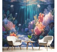 Papel Tapiz Fotográfico Corales Plantas Marinas Medusas Océano De Ensueño 250x175cm Papel Pintado no Tejido, Fotomural Panorámico, Mural de Pared, Decoración de Pared para Sala, Cuarto,Azul