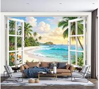 Papel Tapiz Fotográfico Costa Tropical 300x210cm Papel Pintado De Mural Vista De La Playa En 3D Desde La Ventana Fotográfico de Seda Decoración de Pared para Sala Cuarto Oficina Salón, Azur