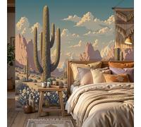 Papel Tapiz Fotográfico Desierto Cactus Paisaje De Montaña 350x256cm Papel Pintado Panorámico, Estética Retro Del Oeste Murales Decoración Pared Para Cuarto De Salón Dormitorio Oficina