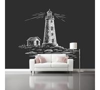 Papel tapiz fotográfico Dibujo lineal de un faro retro Decoración De Pared 200 x 140 cm mural fotográfico decorativo para sala de estar, dormitorio, oficina y habitación de los Negro