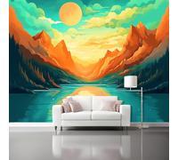 Papel Tapiz Fotográfico Dibujos Animados - 300 x 210 cm Papel Pintado Panorámico para Salón Oficina Decoración, Montañas Lago Cielo Papel Pintado no tejido Murales Decoración De Pared
