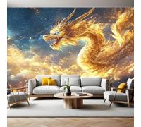 Papel Tapiz Fotográfico Dragón del cielo estrellado 350 x 250 cm oro Papel Pintado Panorámico Decorativo para Salón, Oficina o Habitación Infantil