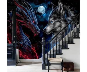 Papel tapiz fotográfico Dragones y lobos Cielo nocturno y luna llena, relámpagos azules 300x210cm tejido no tejido Fondo De Pantalla XXL Moderna Decoración De Pared Sala Cuarto Oficina Salón Vistoso
