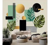 Papel Tapiz Fotográfico Efecto 3D Abstracto Geométrico Hoja Bohemio, Beige Papel Pintado Tejido No Tejido 350 x 256 cm (An x Al) - Decorativos Murales para Pared Salón y Dormitorio