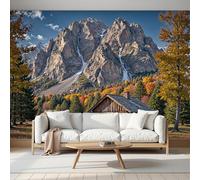 Papel Tapiz Fotográfico Efecto 3D Altas Montañas Escena Cabaña Madera, Amarillo Dorado Papel Pintado Tejido 300 × 210 Cm - Decorativos Murales Para Pared Salón Y Dormitorio - Paisaje Natural Montaña