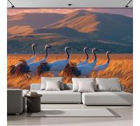 Papel Tapiz Fotográfico Efecto 3D Campo Trigo Escena Grulla Corona Roja, Naranja Quemado Papel Pintado Tejido 150 × 105 Cm - Decorativos Murales Para Pared Salón Y Dormitorio - Estilo Natural