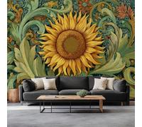Papel Tapiz Fotográfico Efecto 3D Elegante Arte Floral Girasol, Verde Papel Pintado Tejido No Tejido 350 x 256 cm (An x Al) - Decorativos Murales para Pared Salón y Dormitorio
