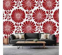 Papel Tapiz Fotográfico Efecto 3D Elegante Flores Círculos Hojas, Rojo Papel Pintado Tejido No Tejido 300 x 210 cm (An x Al) - Decorativos Murales para Pared Salón y Dormitorio