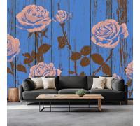 Papel Tapiz Fotográfico Efecto 3D Elegante Flores Rosas Veta De Madera, Azul Papel Pintado Tejido No Tejido 350 x 256 cm (An x Al) - Decorativos Murales para Pared Salón y Dormitorio