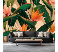 Papel Tapiz Fotográfico Efecto 3D Elegante Retro Flores Hojas, Beige Papel Pintado Tejido No Tejido 250 x 175 cm (An x Al) - Decorativos Murales para Pared Salón y Dormitorio